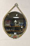 A BARBOLA MIRROR, the circular mirror in a teardrop shaped frame, decorated with flowers and