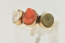 A 19TH CENTURY LAVA CAMEO RING, three high relief cameos, worn faces, each collet set, to a thin