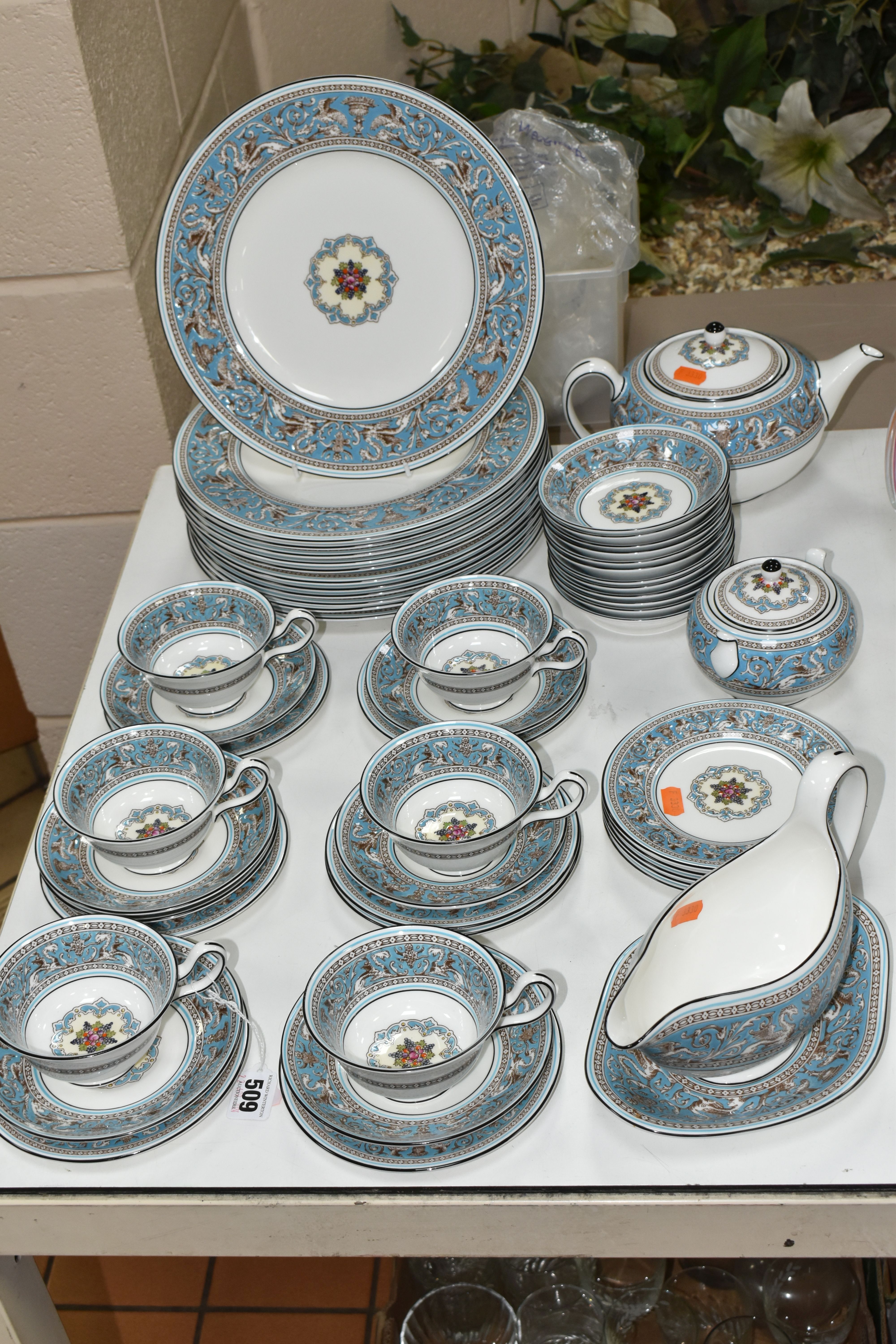 A FIFTY THREE PIECE WEDGWOOD 'FLORENTINE' (TURQUOISE) W2714 PART DINNER SERVICE, comprising a