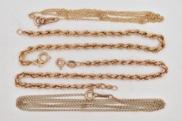 TWO BRACELETS AND TWO CHAINS, to include two rope twist bracelets, each fitted with a spring