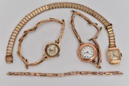 THREE LADIES EARLY TO MID 20TH CENTURY WRISTWATCHES, the first a manual wind, 9ct rose gold watch,