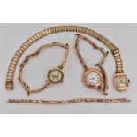 THREE LADIES EARLY TO MID 20TH CENTURY WRISTWATCHES, the first a manual wind, 9ct rose gold watch,