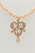 A FRESHWATER CULTURED PEARL NECKLACE WITH 9CT GOLD OPAL AND SPLIT PEARL PENDANT, designed as a