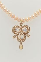 A FRESHWATER CULTURED PEARL NECKLACE WITH 9CT GOLD OPAL AND SPLIT PEARL PENDANT, designed as a