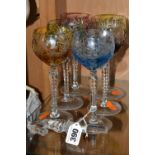 A SET OF SIX HOCK GLASSES AND A VILLEROY & BOCH STOPPER, the hock glasses with coloured bowls in