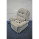 AN UNBRANDED BEIGE UPHOLSTERED RISE AND RECLINE ARMCHAIR, width 90cm x depth 90cm x height 105cm (