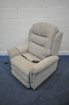 AN UNBRANDED BEIGE UPHOLSTERED RISE AND RECLINE ARMCHAIR, width 90cm x depth 90cm x height 105cm (