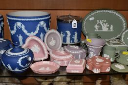 A LARGE QUANTITY OF WEDGWOOD JASPERWARE, comprising a small blue Jasperware teapot, two planters and