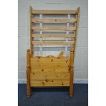 A MODERN PINE SINGLE BEDSTEAD, with siderails, slats and bolts (condition report: couple of slats