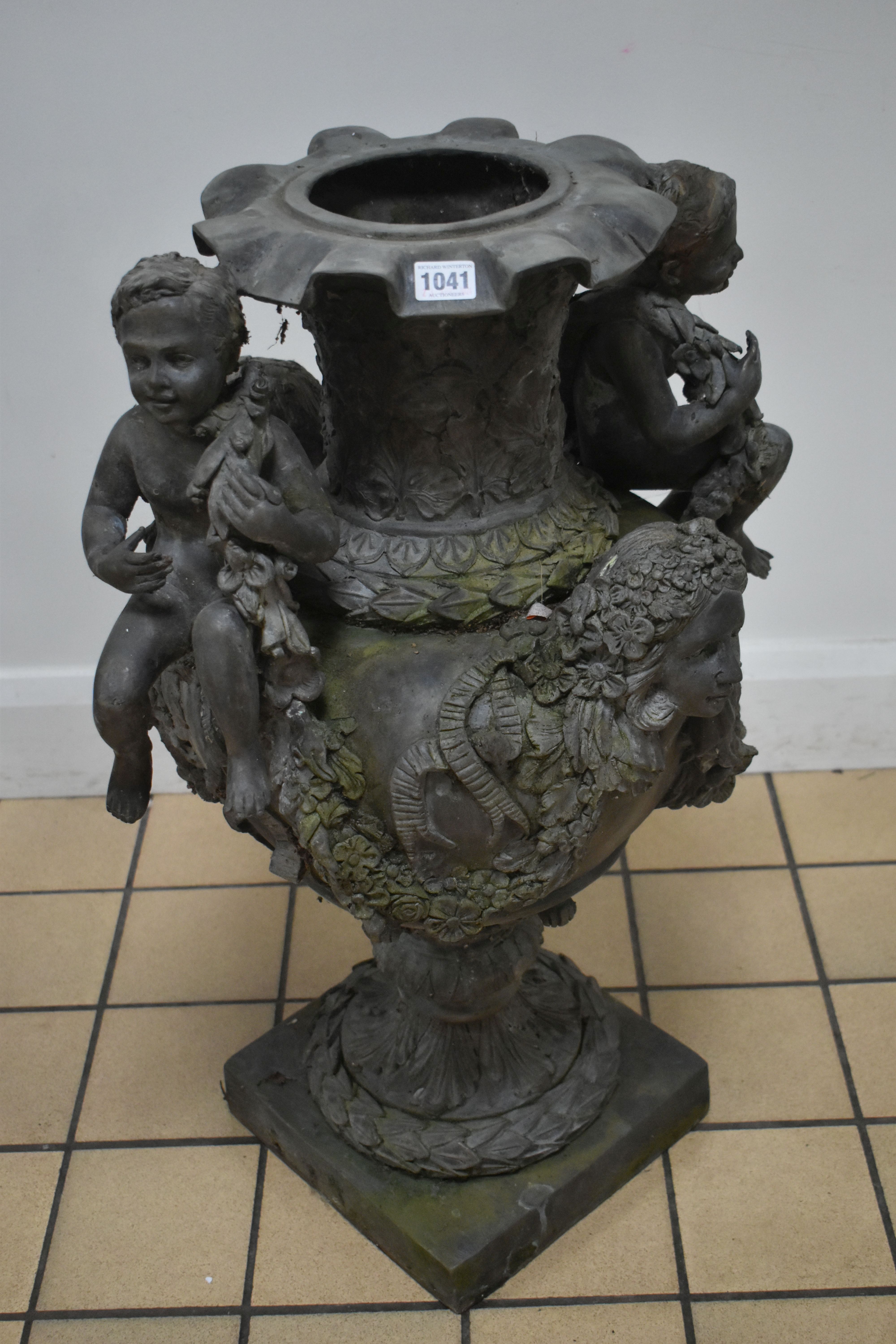 A PAIR OF SECOND HALF 20TH CENTURY WEATHERED BRONZE URNS, cast with two seated putti, two female - Image 2 of 15