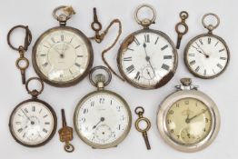 SIX OPEN FACE POCKET WATCHES, four with marks to indicate silver, with black Roman numerals,