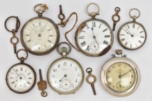 SIX OPEN FACE POCKET WATCHES, four with marks to indicate silver, with black Roman numerals,