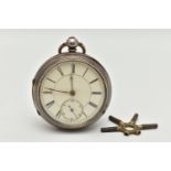 A LATE VICTORIAN SILVER OPEN FACE POCKET WATCH, the white face with black Roman numerals and