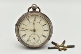A LATE VICTORIAN SILVER OPEN FACE POCKET WATCH, the white face with black Roman numerals and
