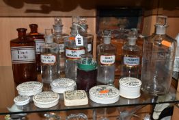 A GROUP OF CHEMIST'S BOTTLES, A MEDICINE CHEST AND PRINTED POT LIDS, comprising a small wooden