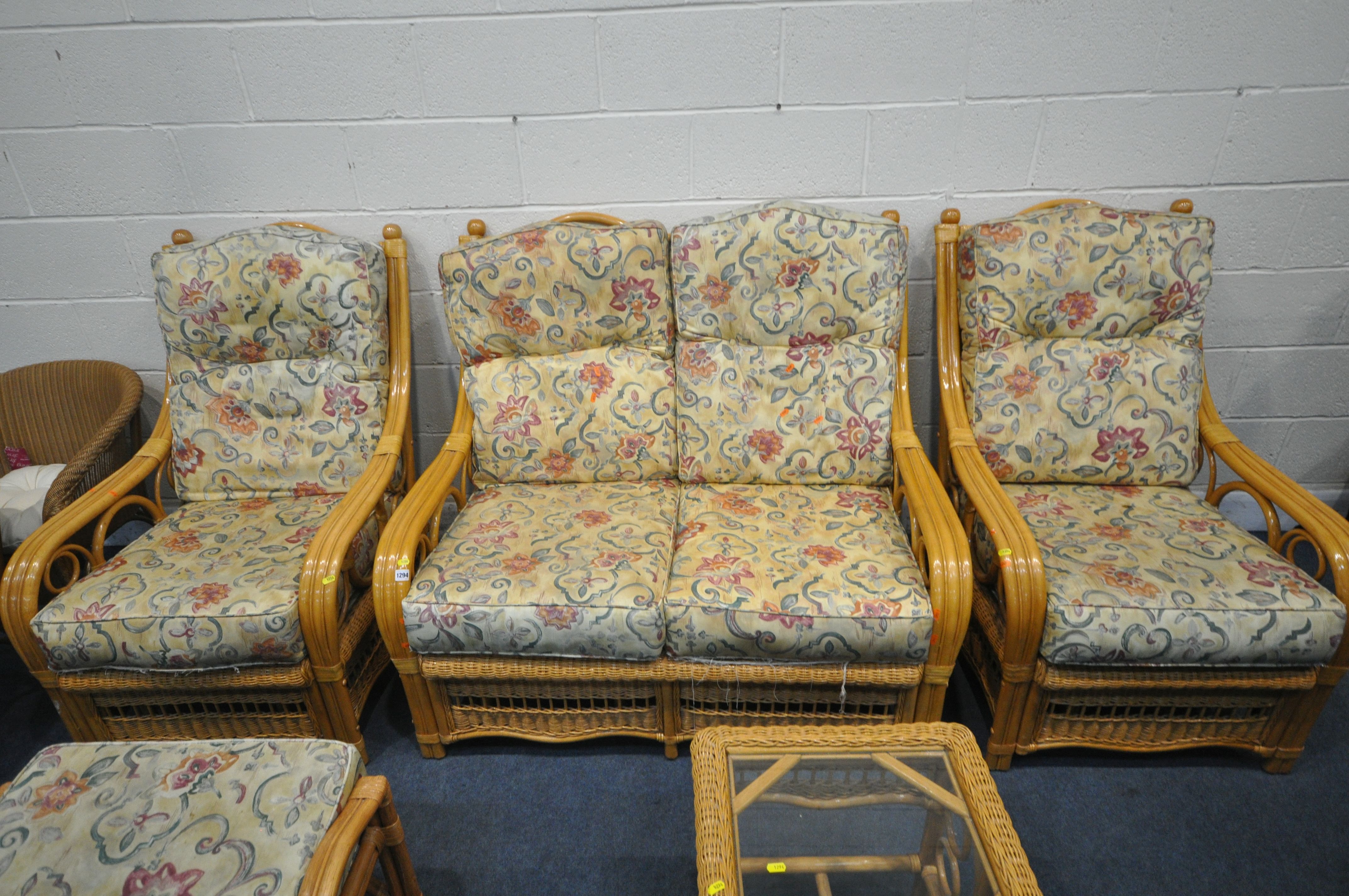 A RATTAN FIVE PIECE CONSERVATORY SUITE, comprising a two seater sofa, a pair of armchairs, a - Image 2 of 4