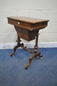 A VICTORIAN BURR WALNUT WORK TABLE, the hinged storage compartment enclosing a variety of