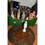 A GROUP OF CERAMICS, TREEN, ONYX BOOKENDS, ETC, comprising a slipware rectangular bowl, a