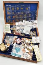A WOODEN BOX COTAINING MIXED WORLD COINS, to include South Africa Silver coins, Elizabeth I worn