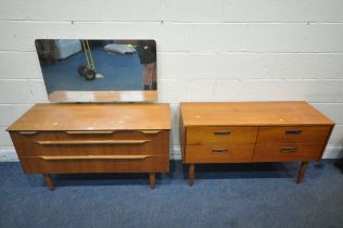 A MID CENTURY TEAK DRESSING CHEST, with a rectangular mirror, fitted with five assorted drawers,