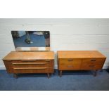 A MID CENTURY TEAK DRESSING CHEST, with a rectangular mirror, fitted with five assorted drawers,