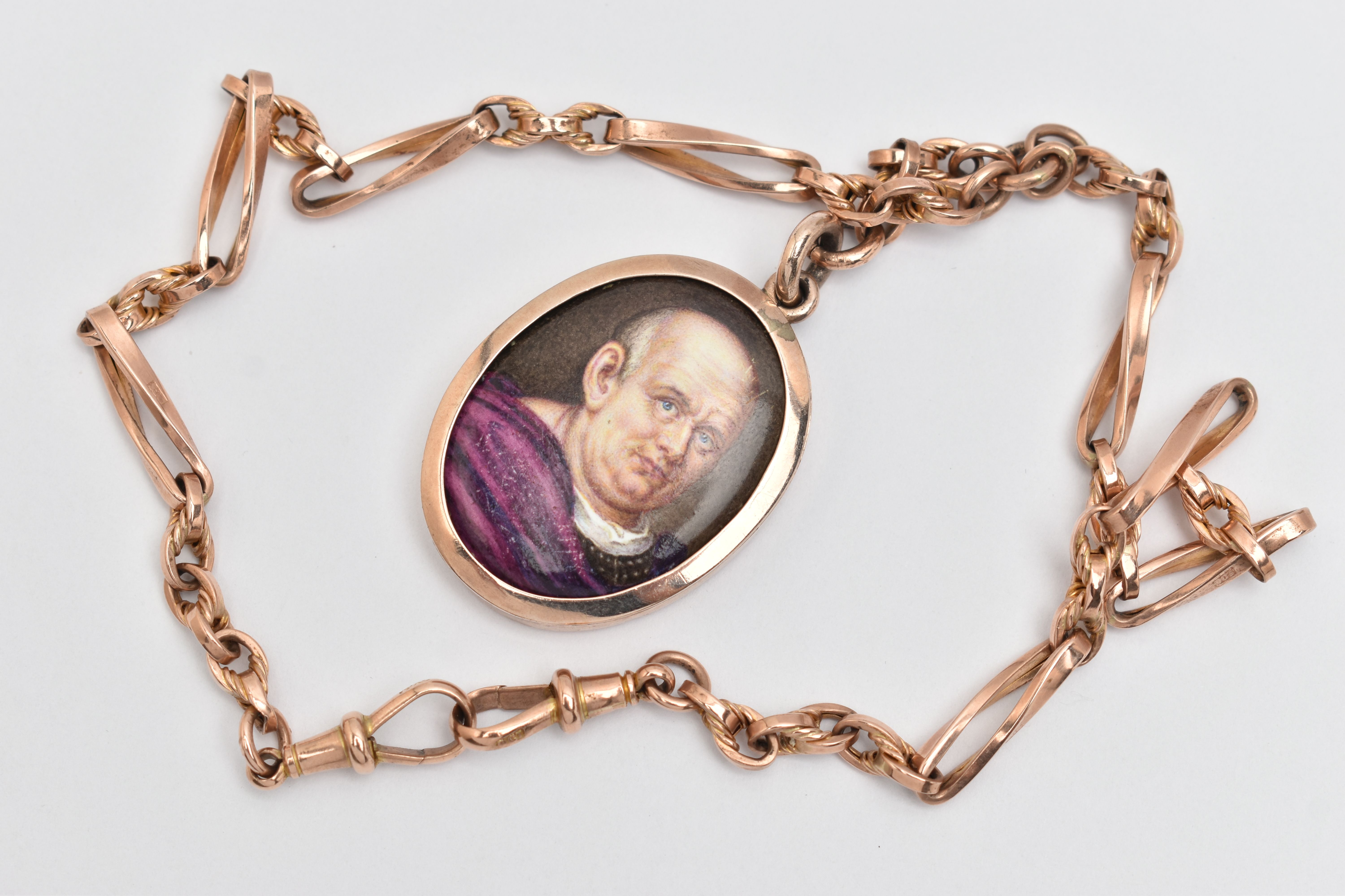 AN EARLY 20TH CENTURY MINIATURE PORTRAIT PENDANT AND CHAIN, the oval enamel pendant depicting a - Image 7 of 7