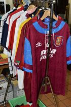 A BOX AND LOOSE FOOTBALL RELATED SHIRTS AND SCARVES, teams to include Aston Villa, England,