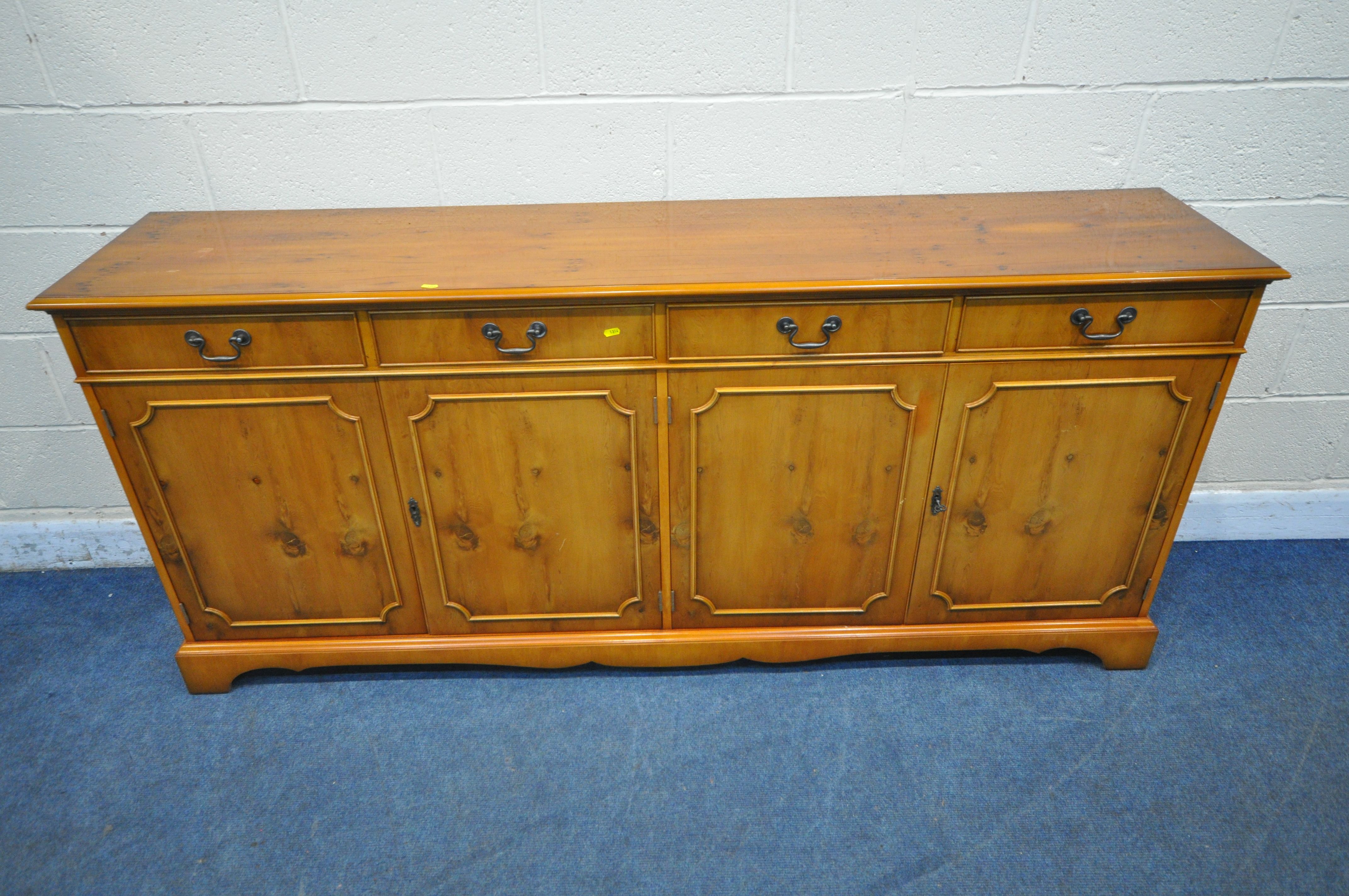 A 20TH CENTURY YEW WOOD TEN PIECE SUITE, comprising an oval twin pedestal dining table, with one - Image 5 of 7