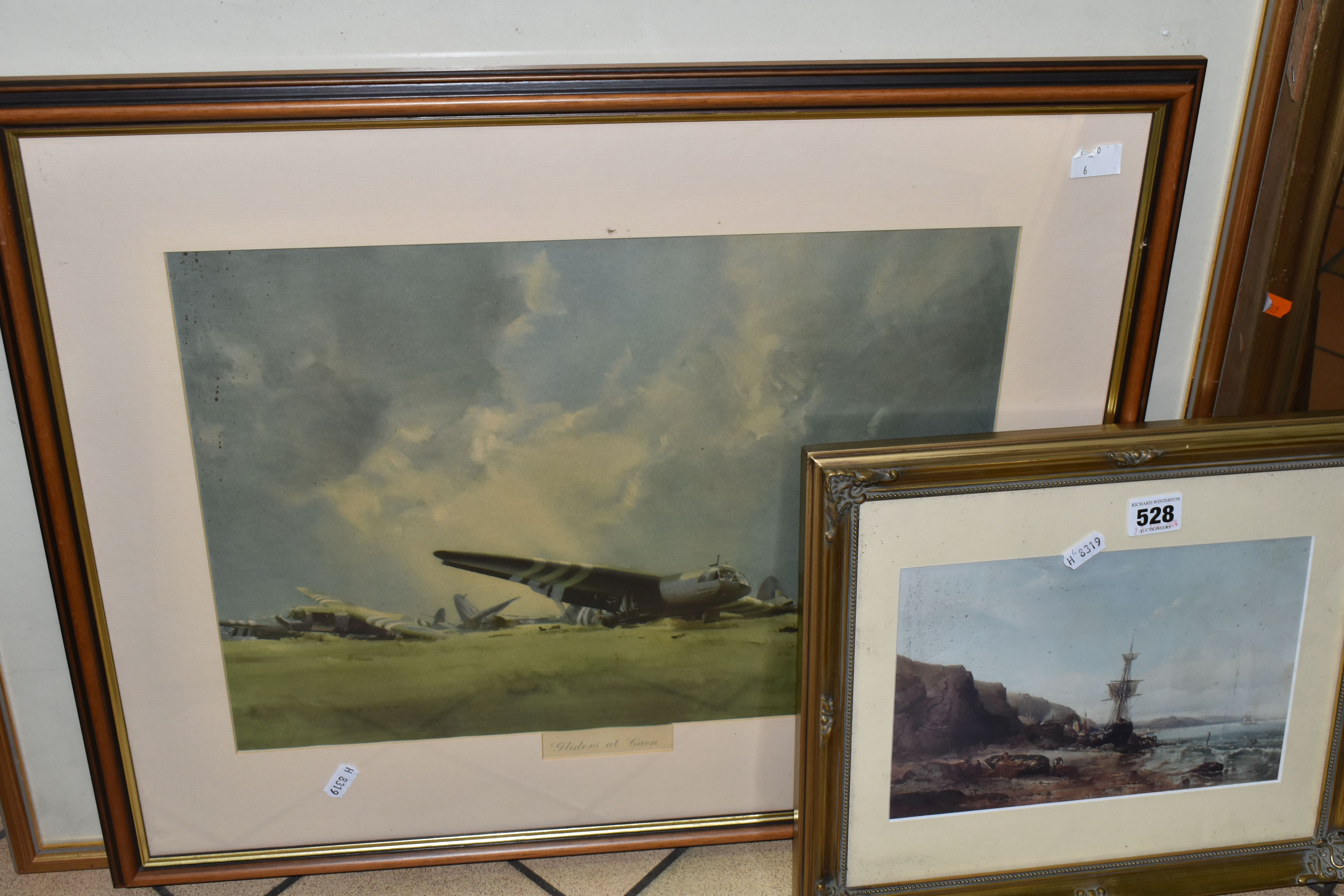 A SMALL SELECTION OF PAINTINGS AND PRINTS ETC, comprising a late 20th century coastal watercolour - Image 4 of 4