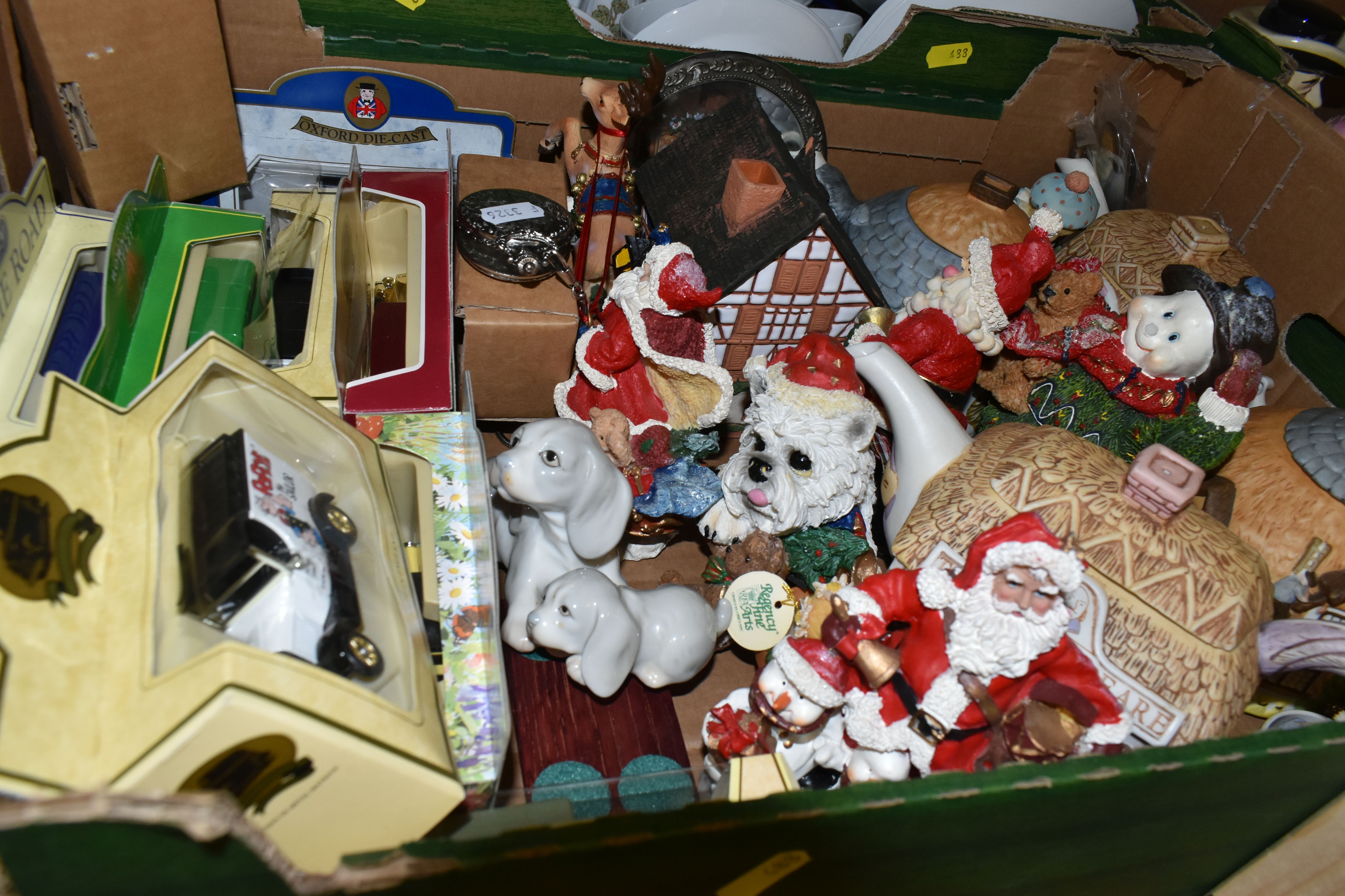 THREE BOXES OF CERAMICS AND ORNAMENTS, to include a Trafalgar pocket watch, a collection of boxed - Image 2 of 4