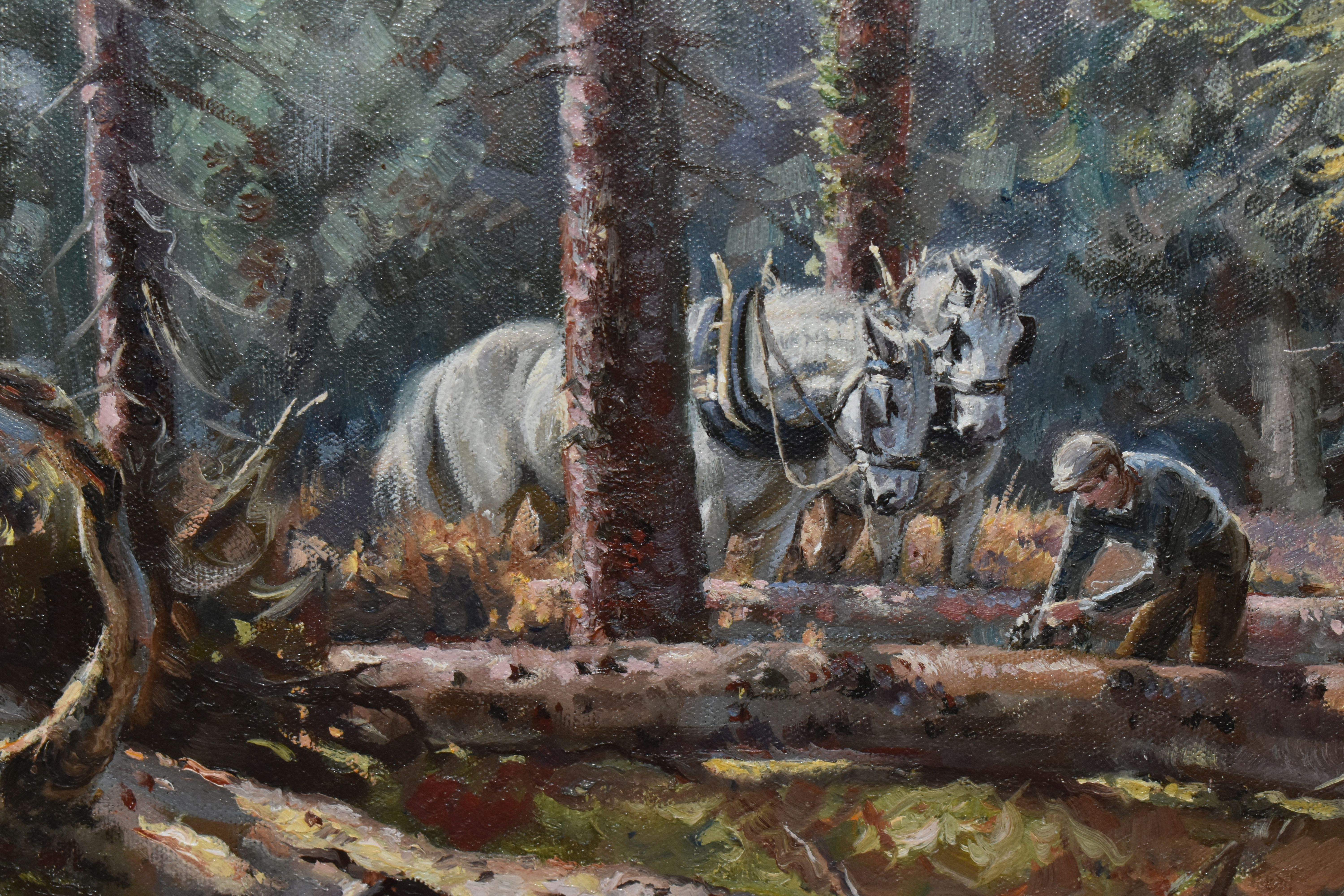 ROSEMARY SARAH WELCH (BRITISH 1946) A WOODLAND LANDSCAPE WITH HEAVY HORSES, a logger is depicted - Image 3 of 4