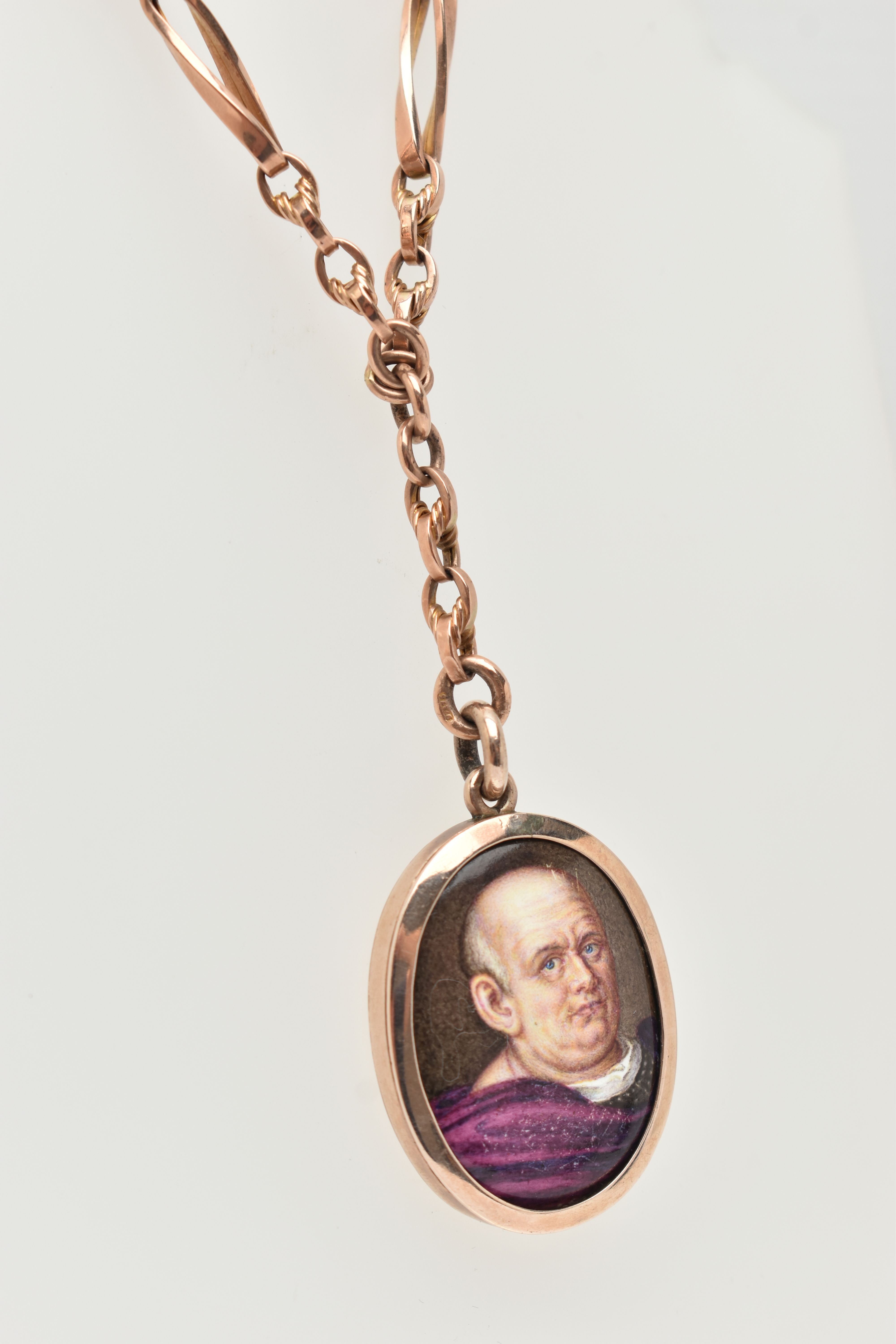 AN EARLY 20TH CENTURY MINIATURE PORTRAIT PENDANT AND CHAIN, the oval enamel pendant depicting a - Image 4 of 7