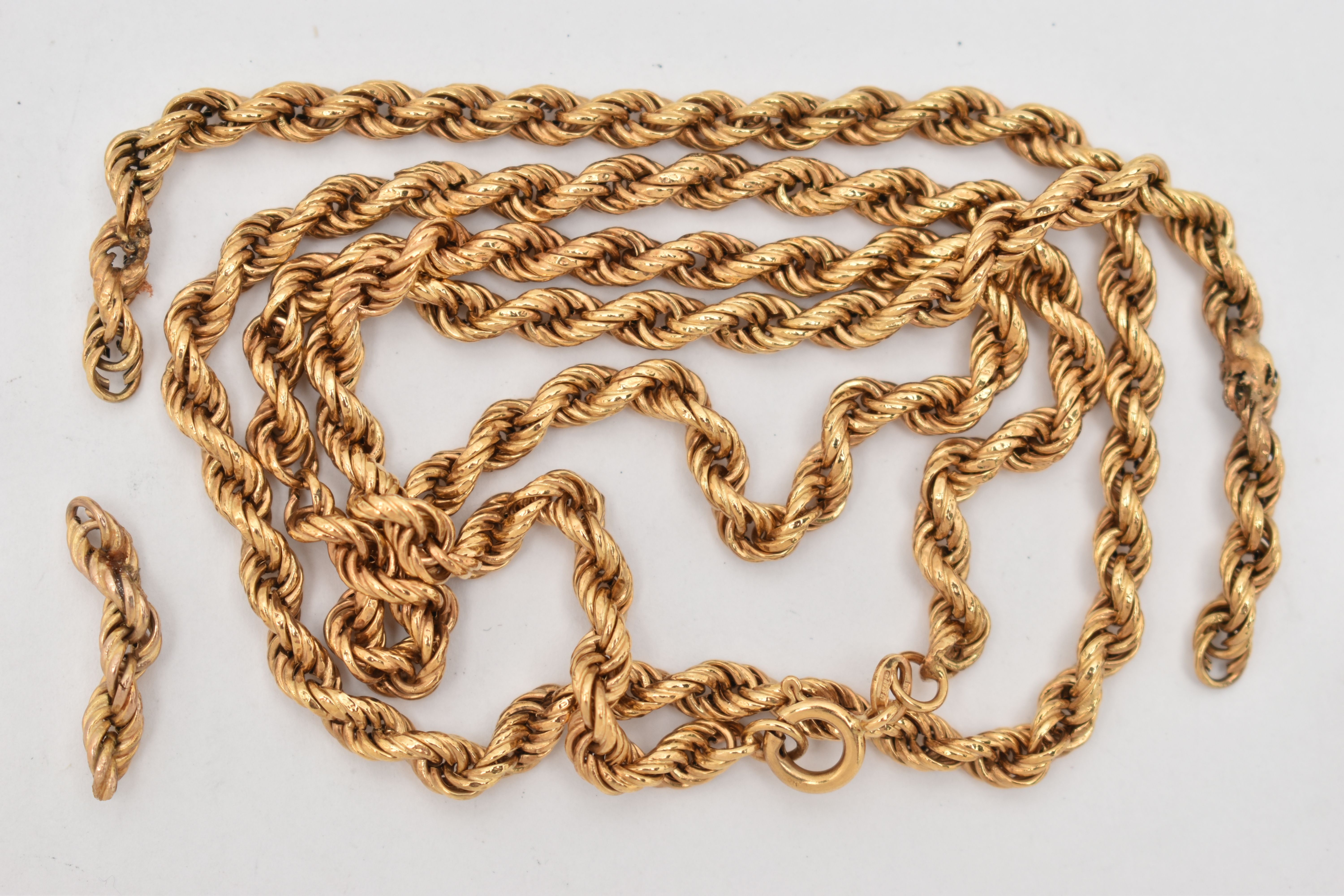 A 9CT GOLD ROPE TWIST CHAIN NECKLACE, AF requires attention, fitted with a spring clasp,