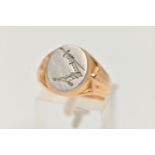 AN 18CT GOLD BI COLOUR SIGNET RING, designed as a white gold oval face with etched crest,