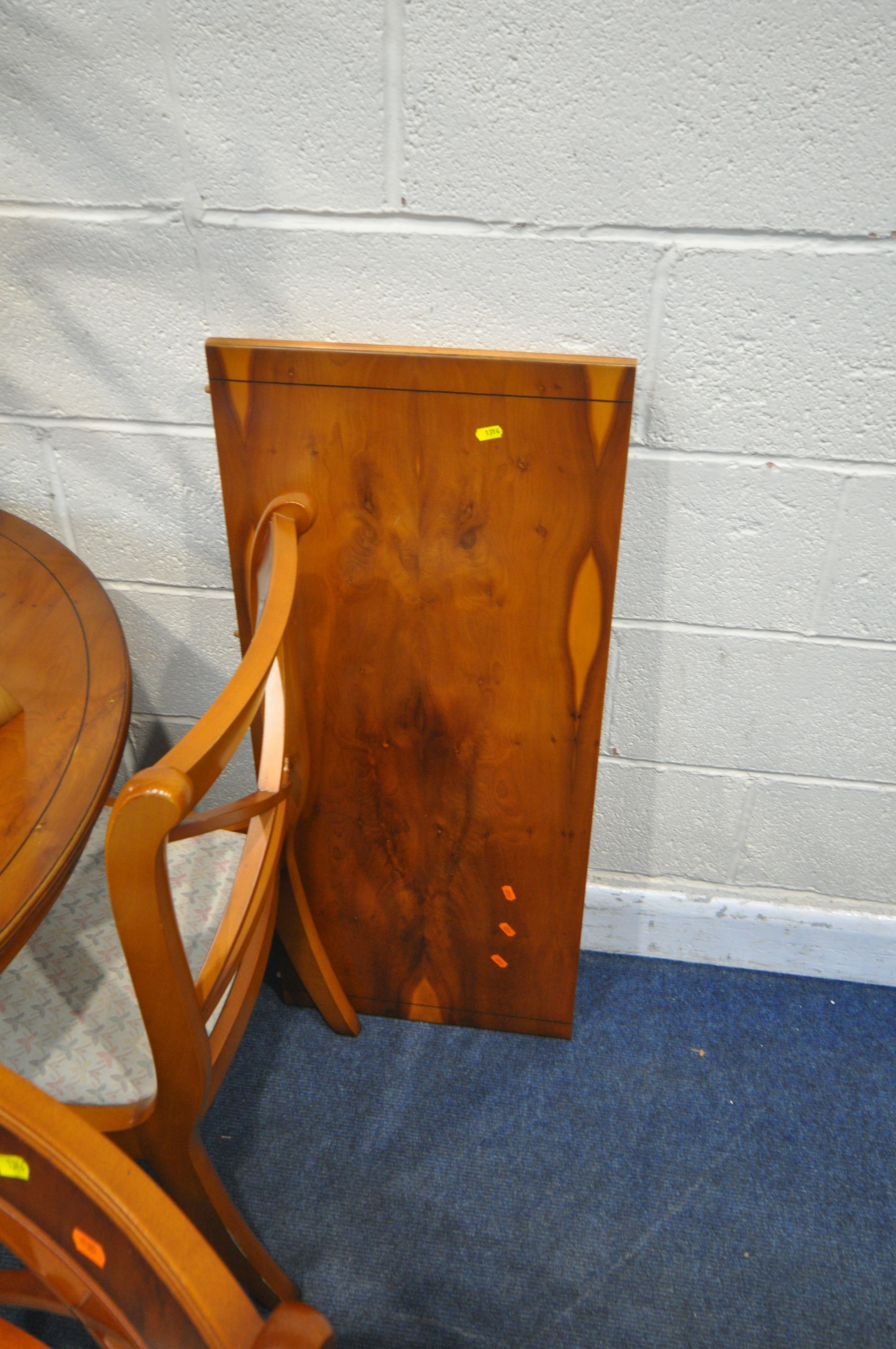 A 20TH CENTURY YEW WOOD TEN PIECE SUITE, comprising an oval twin pedestal dining table, with one - Image 4 of 7