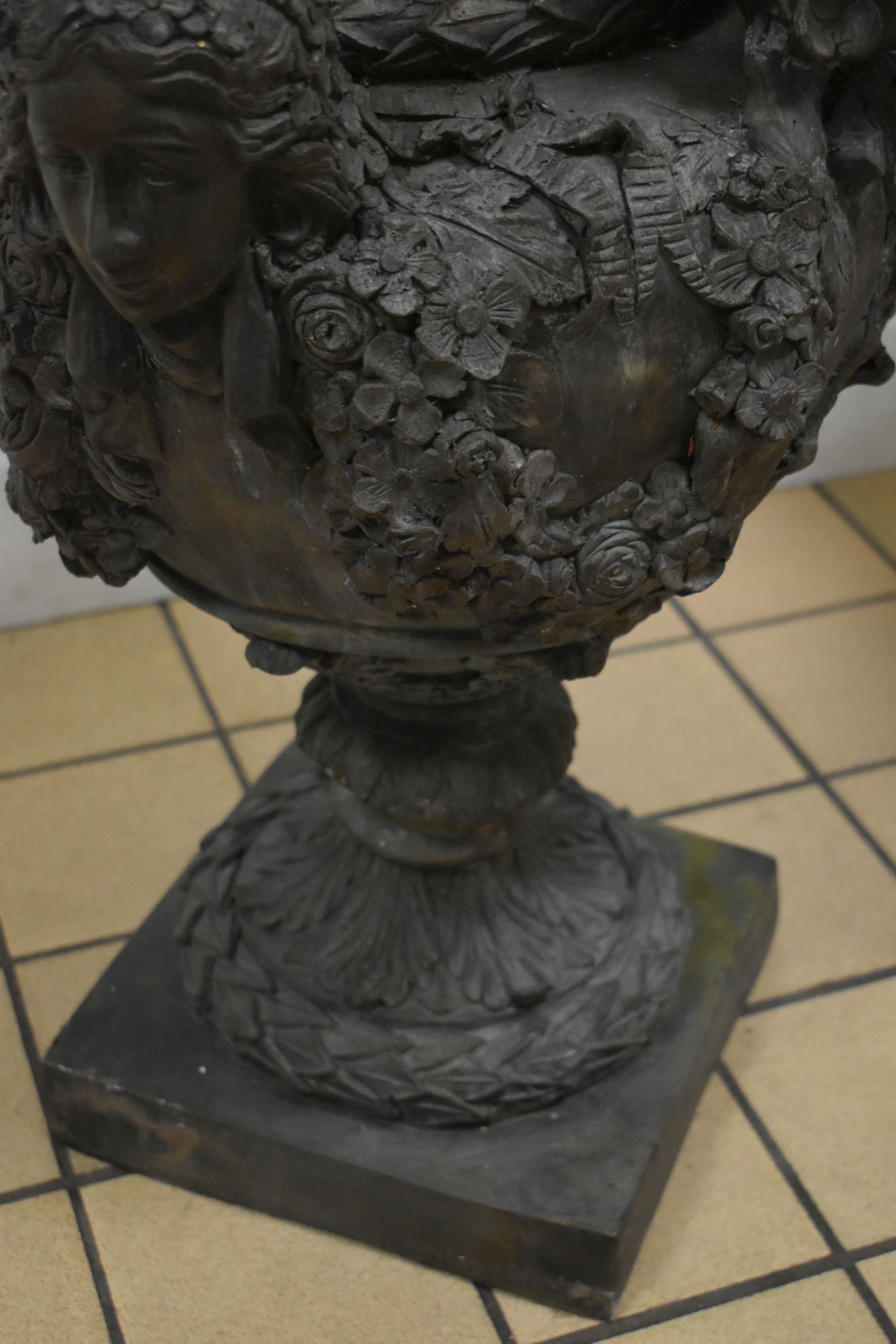 A PAIR OF SECOND HALF 20TH CENTURY WEATHERED BRONZE URNS, cast with two seated putti, two female - Image 12 of 15