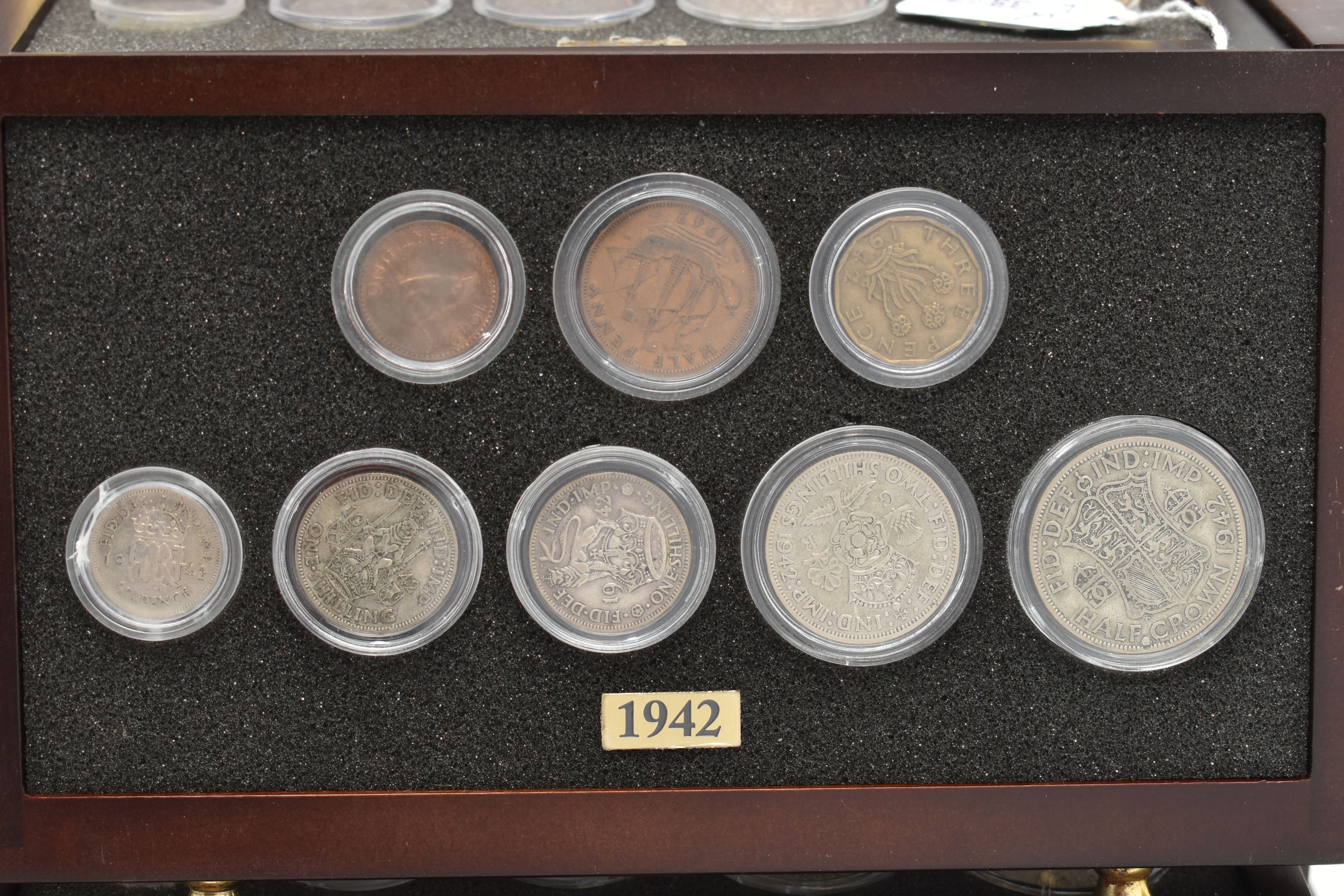 A SMALL WOODEN COIN CABINET, consisting of eight drawers seven containing UK coinage from 1939-1945, - Image 5 of 9