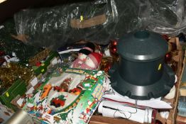 THREE BOXES AND LOOSE CHRISTMAS DECORATIONS, to include tree lights, baubles, tinsel, a large