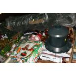 THREE BOXES AND LOOSE CHRISTMAS DECORATIONS, to include tree lights, baubles, tinsel, a large