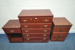 A MODERN MAHOGANY EFFECT CHEST OF FIVE DRAWERS, width 82cm x depth 46cm x height 99cm, a matching