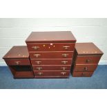 A MODERN MAHOGANY EFFECT CHEST OF FIVE DRAWERS, width 82cm x depth 46cm x height 99cm, a matching