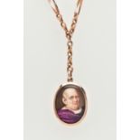 AN EARLY 20TH CENTURY MINIATURE PORTRAIT PENDANT AND CHAIN, the oval enamel pendant depicting a