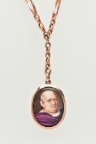 AN EARLY 20TH CENTURY MINIATURE PORTRAIT PENDANT AND CHAIN, the oval enamel pendant depicting a