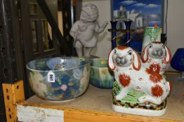 A GROUP OF CERAMICS AND ORNAMENTS, comprising a pair of Staffordshire rabbits (crazing), an Art Deco