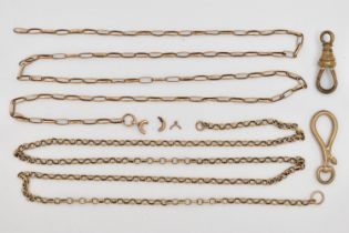 TWO CHIANS AND TWO CLASPS, to include an AF yellow metal belcher chain, missing clasp, length 490mm,