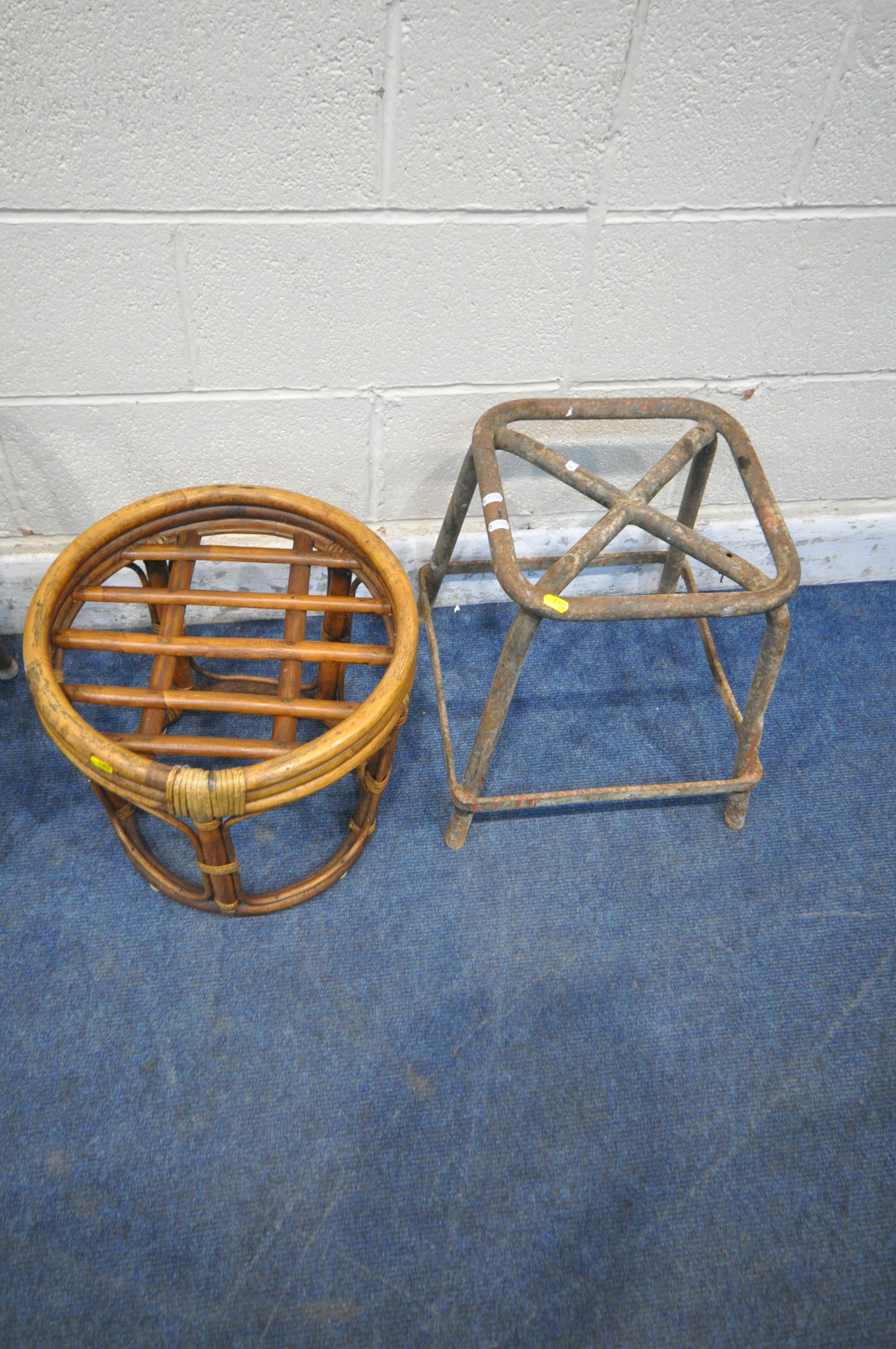 A PAIR OF 20TH CENTURY CHILDS HIGH CHAIRS, with metal frame, a set of three stools, two industrial - Image 5 of 5