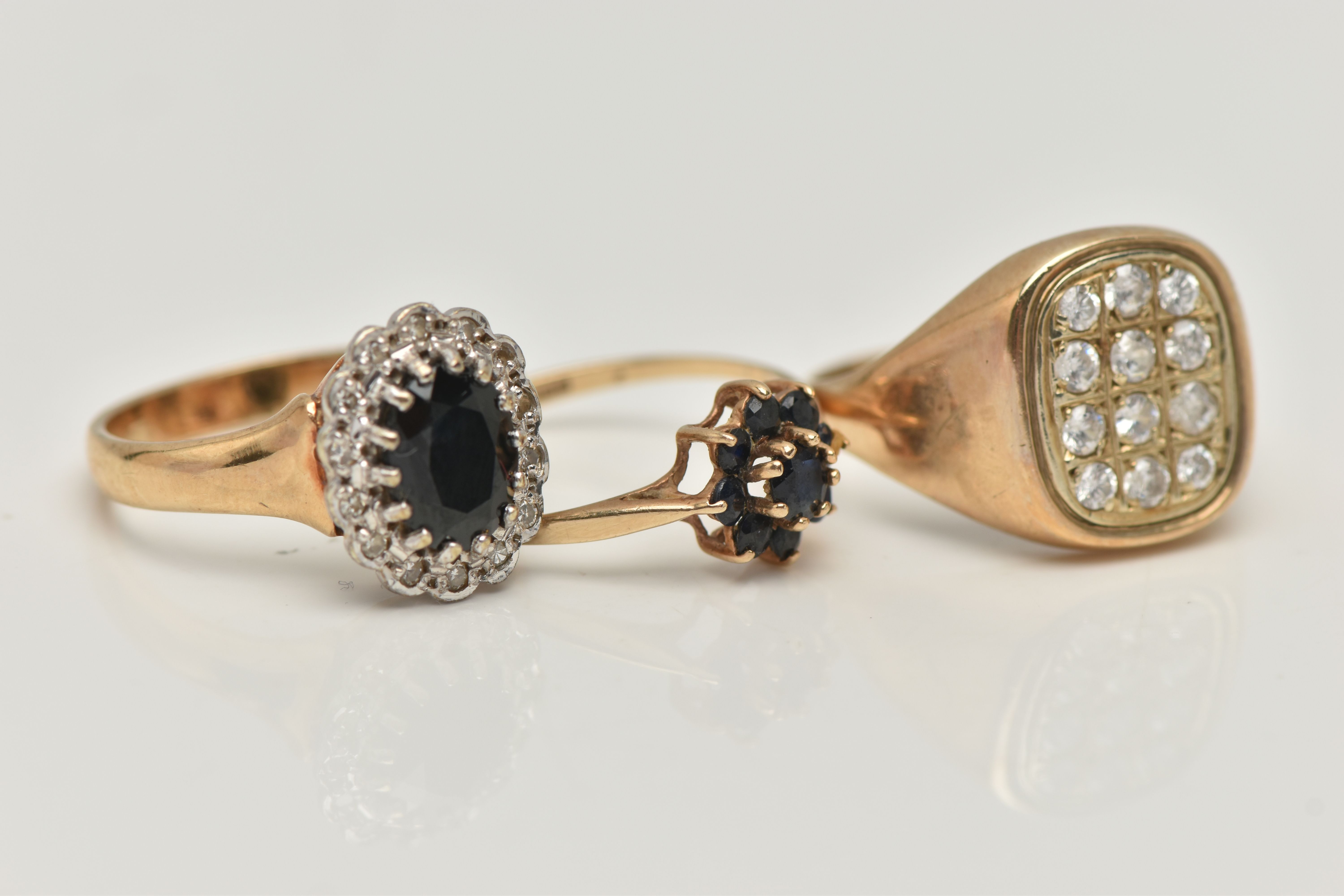 THREE 9CT GOLD GEM SET RINGS, the first a cubic zirconia AF signet ring, misshapen shank, hallmarked - Image 2 of 4