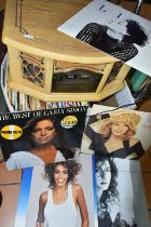 TWO BOXES AND LOOSE RECORD PLAYER AND RECORDS, to include a wooden cased vintage-style '