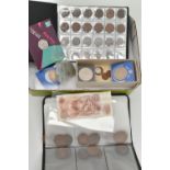 A CARDBOARD TRAY OF UK COINAGE, to include a small coin album with silver content coinage, Florins