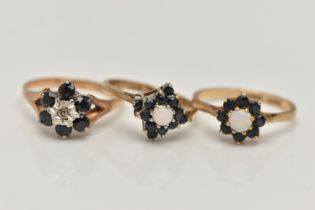 THREE 9CT GOLD GEM SET RINGS, the first an opal and dark blue sapphire cluster ring, hallmarked
